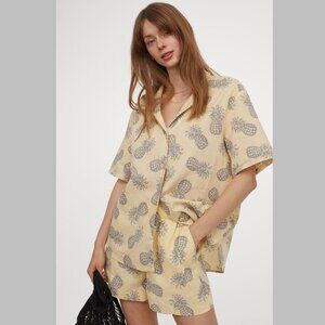 H&M Linen Cotton Pineapple Print Resort Shirt Yellow Tropicalcore XS Oversized